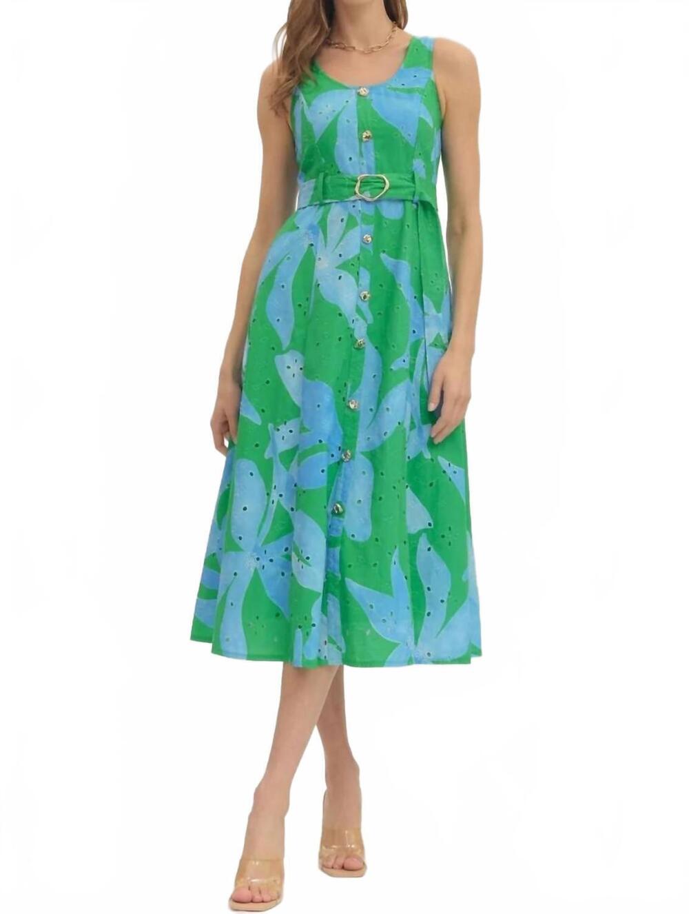 NEW ENTRO eyelet with belt dress in blue lagoon